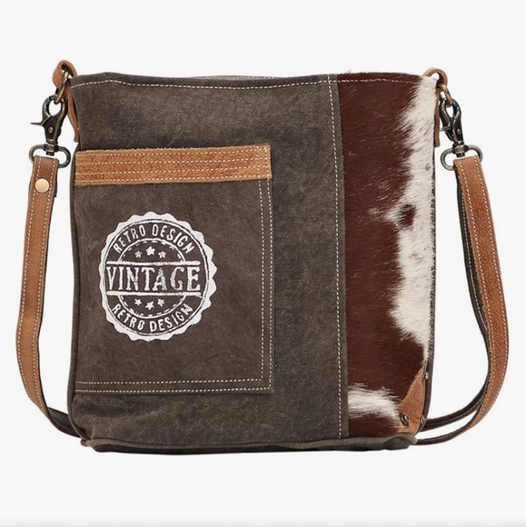 Myra Bag Cowhide Leather Canvas Crossbody Bag - Picture 1 of 10